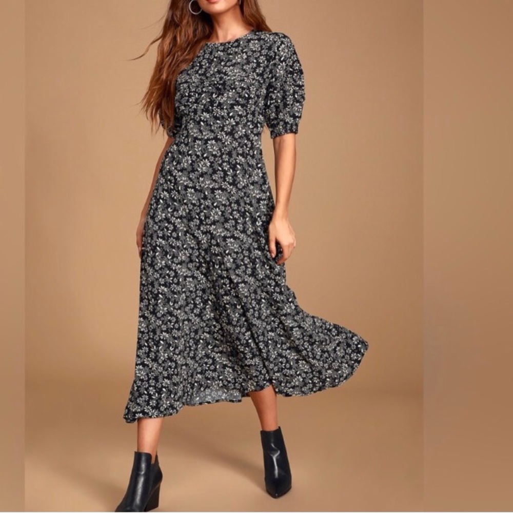 Free People Jessie black midi dress with micro ivory floral print size 8 EUC